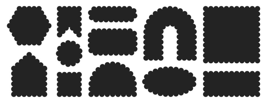 Vector set of black zig zag edge different geometric shapes. Scalloped borders, zigzag frames, serrated badges. Rectangle, oval, square figure with wavy lace edges. Jagged box elements, offer stickers
