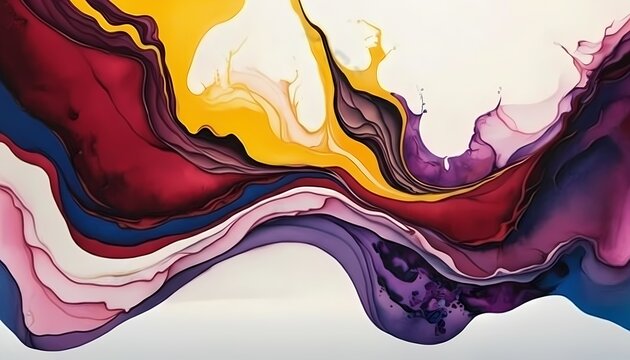 Abstract 3D Digital Art of Vibrant Liquid Paint Waves and Flowing Swirls in Primary Colors on White Background