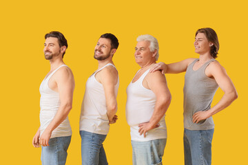 Fototapeta premium Group of men on yellow background. Body positive concept