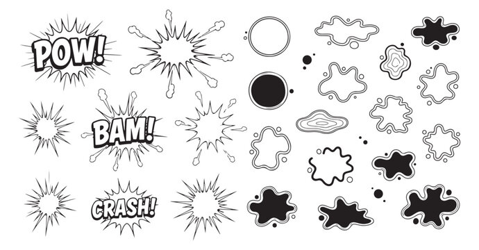 Minimalist black and white comic action bursts and splash shapes