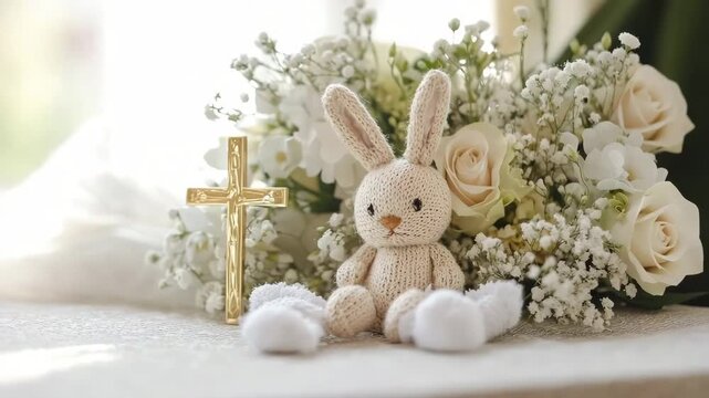 concept of baptism, children's things and a toy rabbit. Selective focus