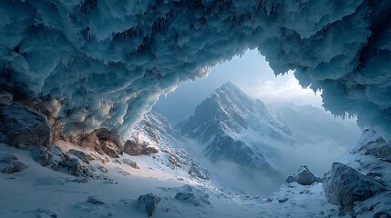Abstract blue glacier cave interior with crystal ice formations wallpapers