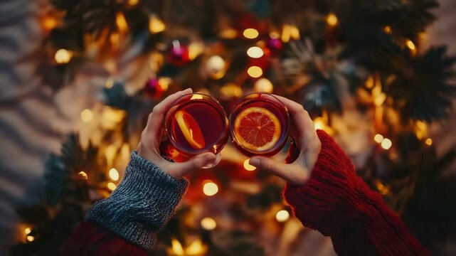 woman holding mulled wine top view Christmas. Selective focus