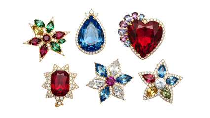 Colorful gemstone brooches on transparent background