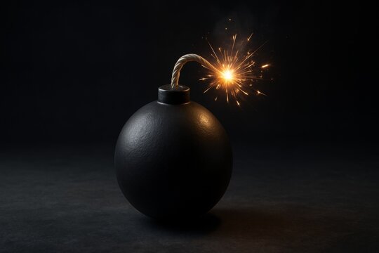 Classic cartoon-style round black bomb with a lit fuse sparkling on dark background, symbolizing danger, countdown, urgency, or explosive concept. Ai generative