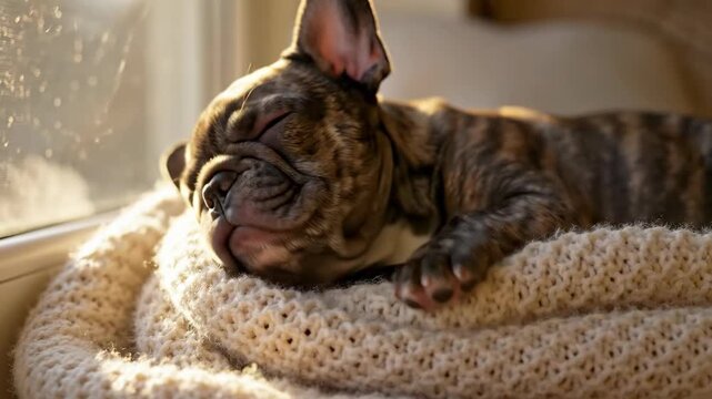 A serene, close-up photograph showcasing a sleeping brindle French Bulldog puppy curled up on a soft, textured pet bed near a sunlit window, capturing the warmth and peacefulness of a cozy i