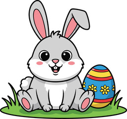 Obraz premium Cute Easter Bunny with Decorated Egg Sitting on Grass Cartoon Style Spring Holiday Vector Illustration for Greeting Cards and Seasonal Designs