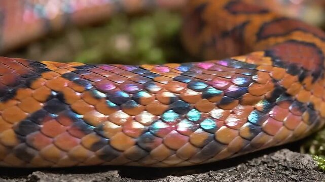 A close-up of iridescent snake scales shifting colors as the reptile moves slowly.