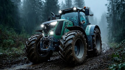 Agricultural green tractor on dirt field with fresh furrows after rain images