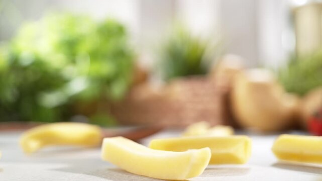 Potato Breaking Into Fries - A Raw Vegetable Falls Onto The Table And Splits into Strips, Ready for Frying