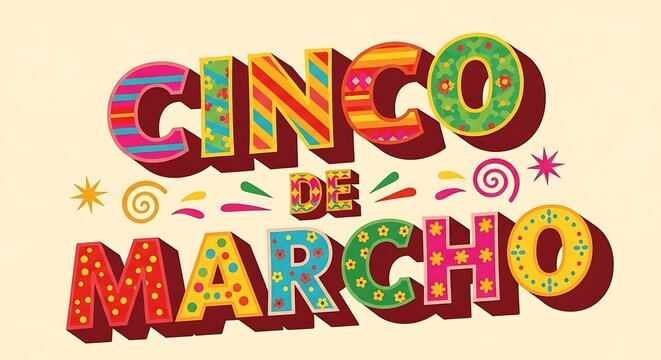 Old-fashioned fiesta-style font that reads "Cinco de Marcho"