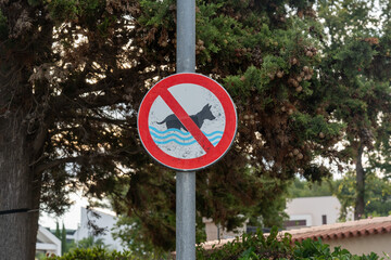 Round red prohibition sign no dogs swimming in water mounted on metal pole with green pine tree background at european beach resort. Concept of public rules, pet restrictions and beach regulations.