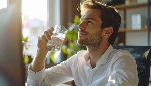 Giovane uomo che beve un bicchiere d'acqua fresca in ufficio per idratarsi durante una pausa di lavoro. Generative AI 