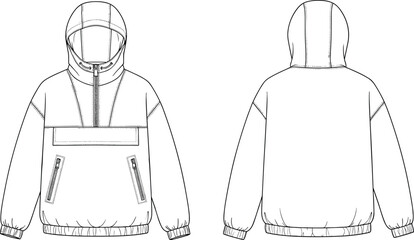 anorak, jacket, hoodie, apparel, clothing, fashion, outerwear, windbreaker, pullover, outline, template, mockup, technical, drawing, vector, illustration, design, front, back, hooded © Menara
