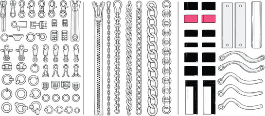 hardware, accessories, zipper, chain, buckle, ring, clasp, fashion, apparel, sewing, metal, outline, technical, drawing, vector, illustration, design, collection, detail, template © Menara