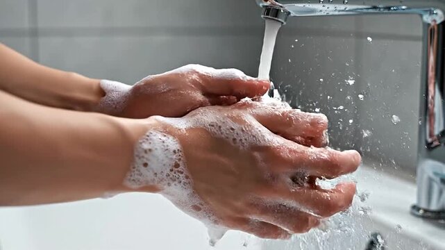 A close-up of soapy hands being rinsed under a stream of clear water.