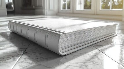 Luxurious white leather-bound book on sun-dappled marble