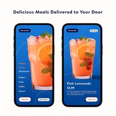 Food delivery app interface showcasing refreshing Pink Lemonade with 24hr delivery and ratings