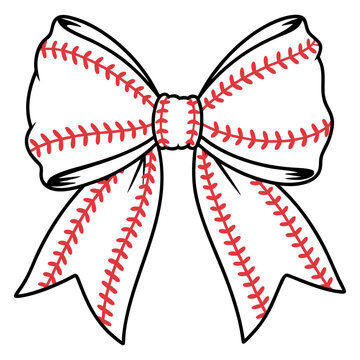 A black and white illustration of a decorative bow made from baseballs