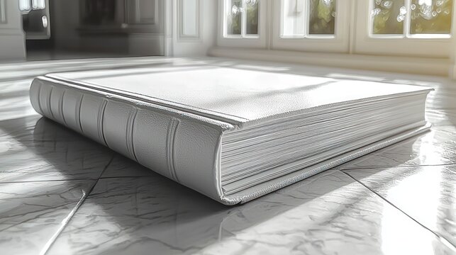 Luxurious white leather-bound book on sun-dappled marble
