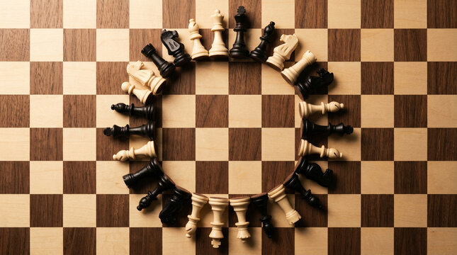 Black and white chess pieces facing outward in joint defensive ring. Collective security, cooperative defense, and multinational force concept.
