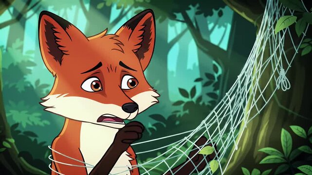 Anxious fox cub trapped in a net within a lush forest setting conveying themes of vulnerability wildlife conservation and environmental danger with a cartoon style