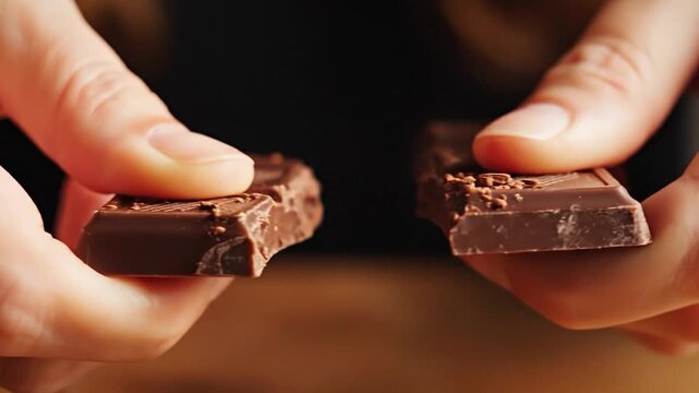 A close-up of a hand breaking a dark chocolate bar in half, showing the crisp snap.