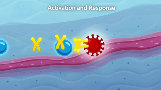 Digital illustration showing cellular activation and immune response to virus particles.