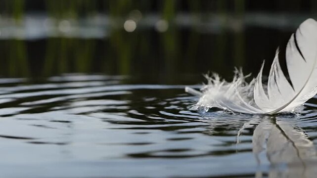 A close-up of a white feather floating on a dark, still pond with slow ripples.