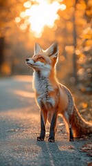 Red fox stands on sunlit path, golden light, autumn trees bokeh background