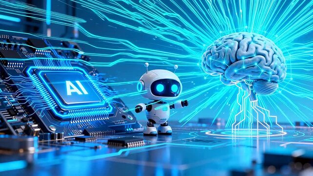 Robot with AI chip and brain graphic
