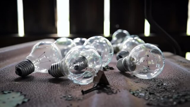 Broken light bulbs scattered on a dark wooden surface symbolize failure burnout innovation challenges and the fragility of ideas in a conceptual still life