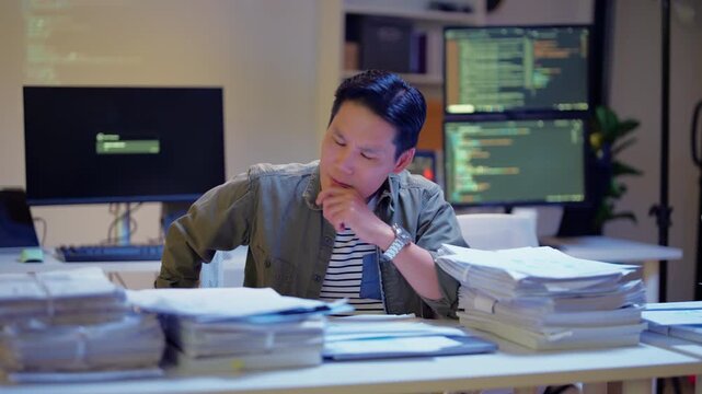 Asian programmer works late night office coding deep learning AI models, training neural networks with intense concentration and focus, dedicating overtime hours alone to machine learning development	