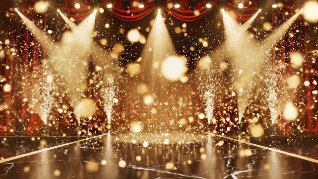 Spotlight golden stage glitter flying particles flicker light beam particles rays. Empty scene light for product. background. Particle luxury awards ceremony background, 3D Oscar awards performance 4K