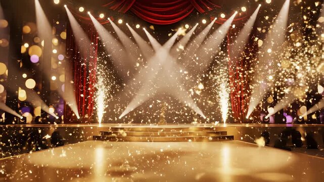 Award Luxury party stage golden stage Spotlight bokeh effect glitter animation. Stars, lights and particles. Luxury gold light streak. Particle, luxury awards ceremony background, awards performance.