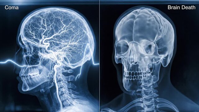 X-ray images showing side-by-side sagittal views of human skulls, contrasting cerebral arterial blood flow in a state of coma with a lack of cerebrovascular activity indicating brain death