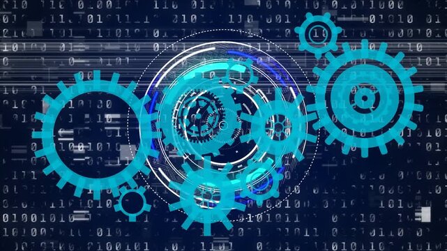 Animation of cogs rotating over binary code on navy background
