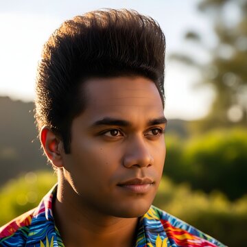 Young man with a pompadour hairstyle and colorful shirt looking thoughtfully outdoors at sunset.