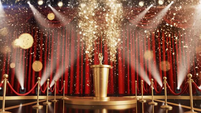 Award party stage golden glitter animation. stars lights particles. Luxury light streak. Particle, luxury awards ceremony background, Oscar 3D spot flashing party stage new year. 3D Illustration