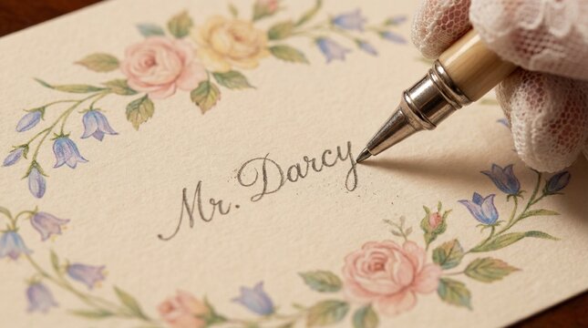 A hand meticulously pens an elegant inscription upon a delicate card, adorned with a graceful floral arrangement, symbolizing the timeless art of correspondence.