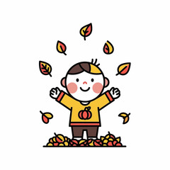 Happy child playing in autumn leaves, cartoon style, fall season fun