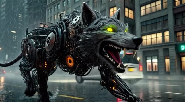 Victor transformed into a cyberpunk wolf, neon glowing eyes, futuristic city background, rain-soaked streets, dramatic atmosphere.