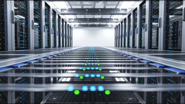 Modern data center with rows of servers and glowing blue and green lights on the floor, representing data flow and technology.