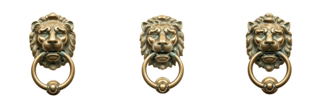 Set of Antique Bronze Lion Head Door Knockers PNG, Vintage Brass Manor House Hardware, Ornate Entryway Decor Graphics, Transparent Background PNG
