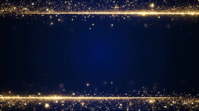 Sparkling golden particles and light trails shimmer against a deep navy blue background, creating a luxurious and celebratory border effect.