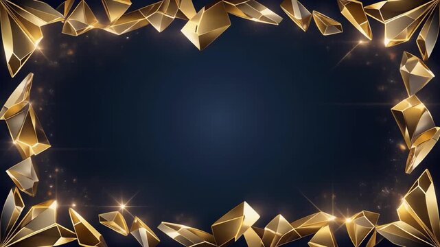 Abstract golden crystalline geometric shapes form a glittering frame around a dark blue background, perfect for luxury promotions or award graphics.