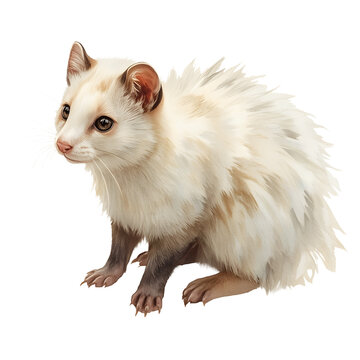 Cute raccoon dog with cream fur sits attentively against a white background