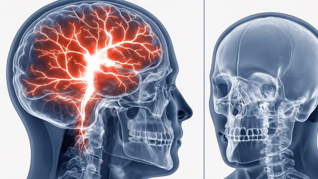 Side-by-side x-ray views of human heads showing the presence of cerebral blood flow in a state of coma versus no activity indicating brain death, illustrating neurological assessment
