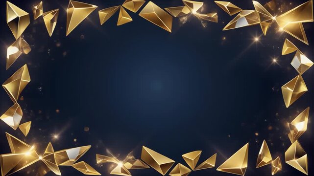 Dynamic golden geometric shards explode and shimmer, forming a dazzling frame around a dark blue gradient background for celebratory videos.