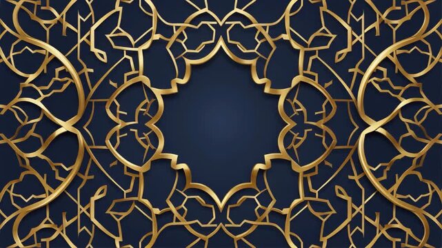Intricate golden Islamic geometric pattern forms an ornate frame on a dark blue background, ideal for elegant invitations and celebratory designs.